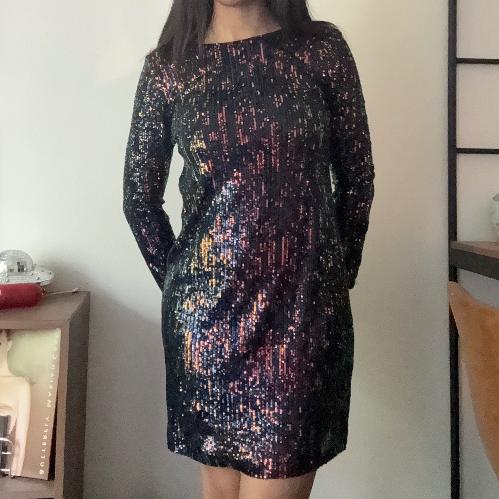 Chelsea28 Womens Multi Color Iridescent Sequin Long Sleeve V-Back Shift Dress S